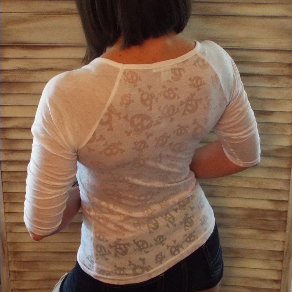 Skull Burnout Raglan Jersey Henley Top White 0418 - Picture 3 of 5
